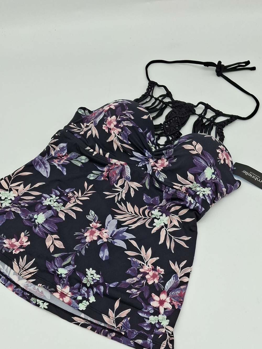 Ambrielle Crochet High Neck Underwire Tankini Top Black Floral S